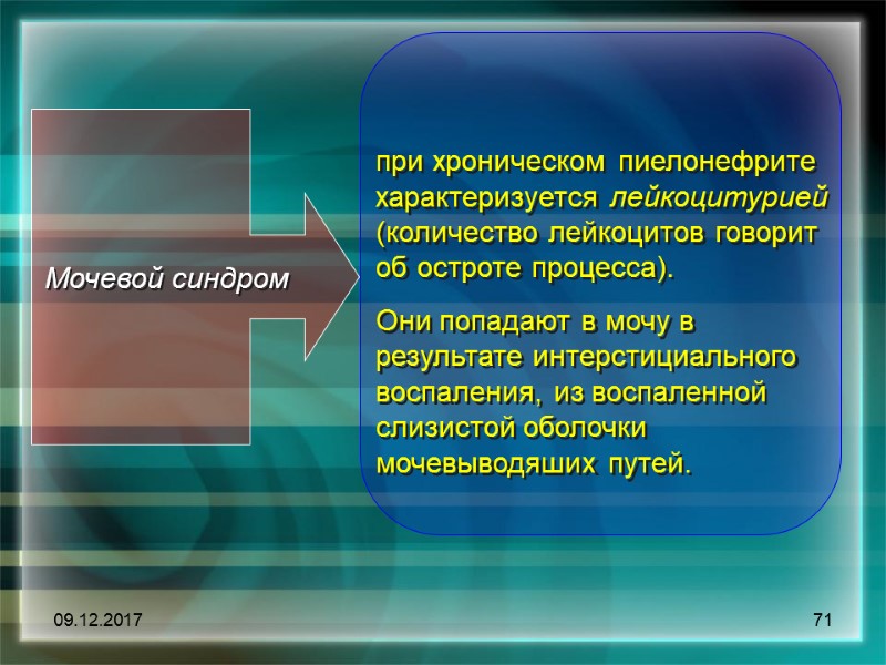 09.12.2017 71 Мочевой синдром  при хроническом пиелонефрите характеризуется лейкоцитурией (количество лейкоцитов говорит об
